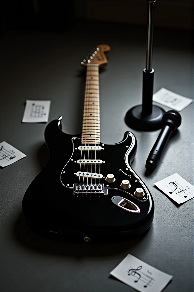 black and white electric guitar on the floor, next to a microphone lying on the floor around loose musical notes, dark colors