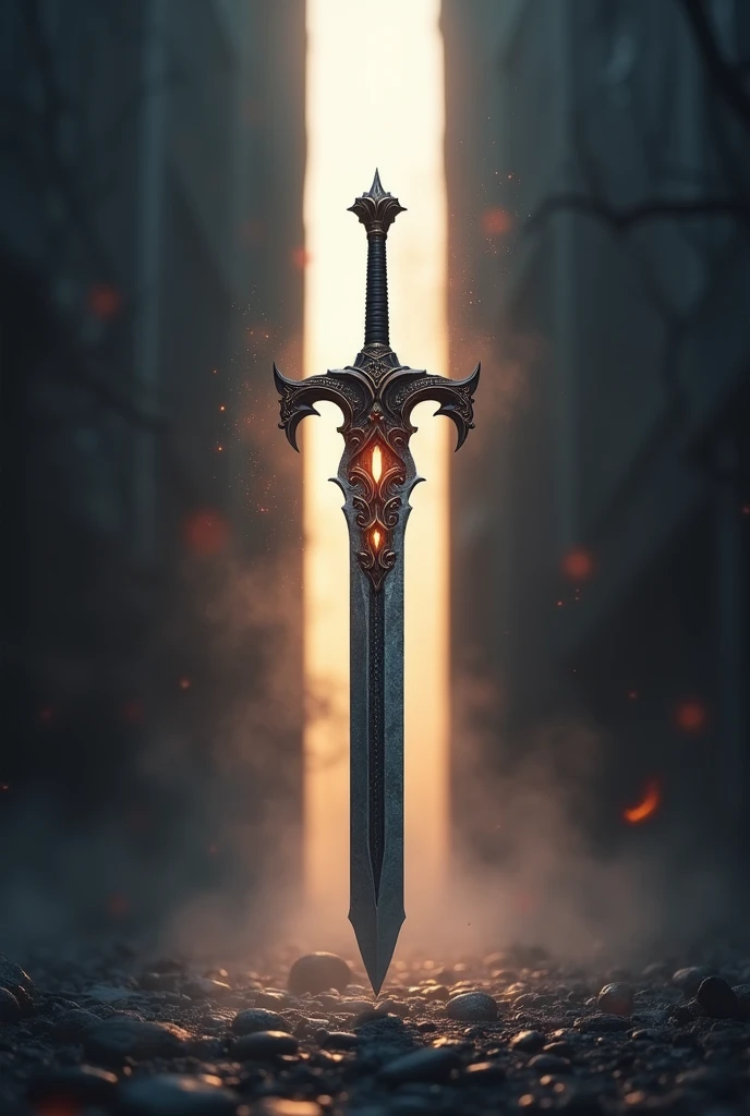 one magical sword in front of a light coming from the back with a simple background badass