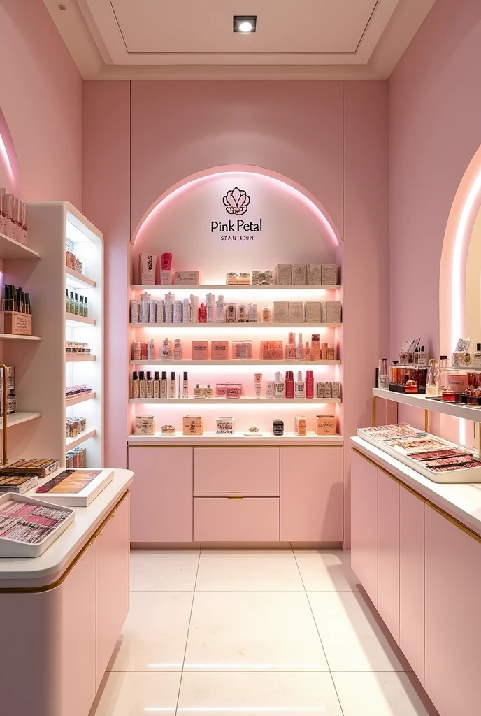 Create a fun makeup store for girls I want it elegant but fun at the same time &#39;I want it bigger Only makeup and skincareno dresses Less pink more neutral but also fun Have a logo that says pink petal
