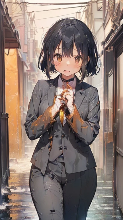 (must be follow these prompts:2.2),masterpiece,best quality,extremely detailed,(in her clothing:3.0),(in her formal styled business suit clothing:2.6),(adorable girl:2.5),(displayed one girl on single picture:2.4),(black hair:2.1),(lower height:2.3),(A small, curvy new employee working in modern Tokyo wearing a slightly damp dark grey business suit jacket and trousers:2.2),(A cute girl-like moan echoes:2.2),(The new recruit is covered in thick, amber-colored, concentrated semen that has repeatedly soaked into his dark gray suit.:1.6),(The new employee was wearing a sticky dark grey business suit that had been ejaculated on a long time ago, leaving a very light, amber-coloured stain that was smeared and bled in varying shades.:1.6),(その新入社員はfirst time々It gives a cute and innocent impression.:2.5),(She looks cute, but inside she has awakened to sexual desire.:1.9),(A new employee struggling with her own lust and desires:1.8),(A new employee's vagina gets hot from the smell of old semen that has turned amber and is stained on her dark gray suit.:1.9),(The new employee's entire body was oozing with the slimy secretions that accompany sexual climax.:2.2),(The new employee's breasts, covered by her slightly sticky business suit, are swelling with intense lust.:2.4),(The new employee's heightened sexual desire led her to fondle her clitoris through her trousers.:2.6),(libidonous tumultus are makes sensuous reaction of her body:2.2),(she was sank into the depth of irresistible low passion:1.8),(viscous drips on her suit like a hunny dipping:2.4),(The new employee's love juices were dripping down the inside thighs of her dark grey trousers.:2.2),(men's elected twangers were inserted her:2.3),(The new employee with a plump, round body smells like semen:2.3),(she was already stroked up to the depth intervaginal sensual spot:2.3),(notably buldged up her inner labia majora:2.9),(having big breasts in her clothing:2.6),(A new employee with an innocent look working in the office:2.3),(The new employee is short but has a slightly plump body.:2.1),(The new employee is convulsing and dripping love juice from her pussy, which is hidden under her pants.:1.8),(The new employee's dark grey trousers, which hug her plump thighs, are damp with lascivious secretions.:2.0),(The new employee endures the slush between his legs by continuing to wear his dark grey trousers.:2.1),(A new employee who is always holding his crotch over his dark grey trousers:1.7),(A moan filled with childish embarrassment:2.2),(The new employee's suit-covered breasts and nipples are bulging with lust.:2.4),(The new employee has a very lewd body hidden under her clothes.:2.2),(The new employee works very diligently.:2.5),(The new employee has short, thick legs.:2.2),(first time々New Employees:2.2),(she looks like japanese idol:2.3),(The dark grey trousers are made from a durable fabric that will never tear.:2.3),(she looks like a lolita:2.0),(All of this happened to the new employee himself, not anyone else.:3.1),(tough business suit:2.2),(Make sure to depict the face:5.3),(Calm expression:4.3),(Innocent face:3),(The story focuses on just that one new employee.:3.3),(The only characters that appear are the new recruits.:4.2),(Portrait Style:5)