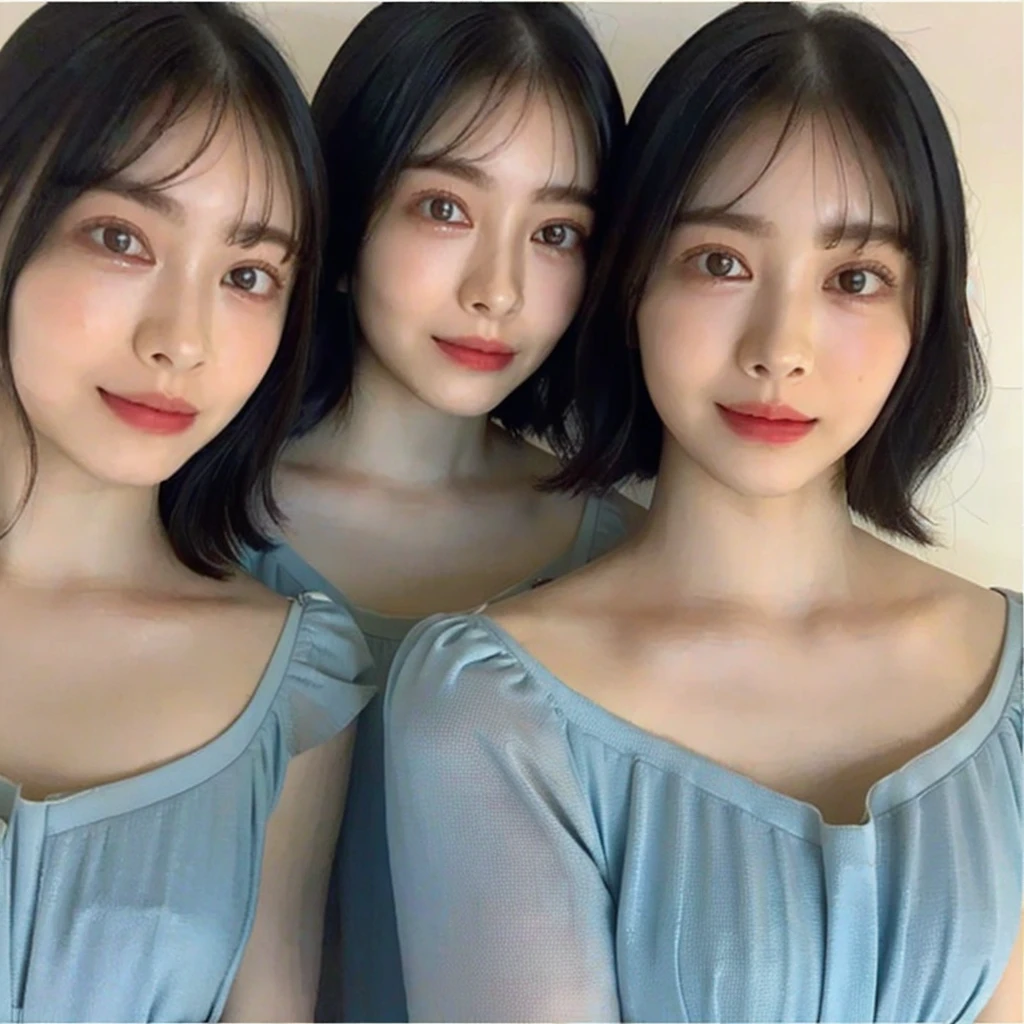 ((Highest quality, 8K, masterpiece:1.3)), concentrated:1.2, Beautiful woman with perfect figure:1.4, Stick your butt out:1.2, ((Cut your hair in layers:1.2)), (Medium sized breasts),(Bandeau dress:1.5), Highly detailed face and skin texture, Detailed eyes, double eyelid,Whitening the skin,Long white hair,(Keep your mouth shut:1.3),smile, portrait photos,
(((cloned face)))
(((similar identical twins)))
All the girls have the exact same face, The two have the same face and figure, as if they were mirror images