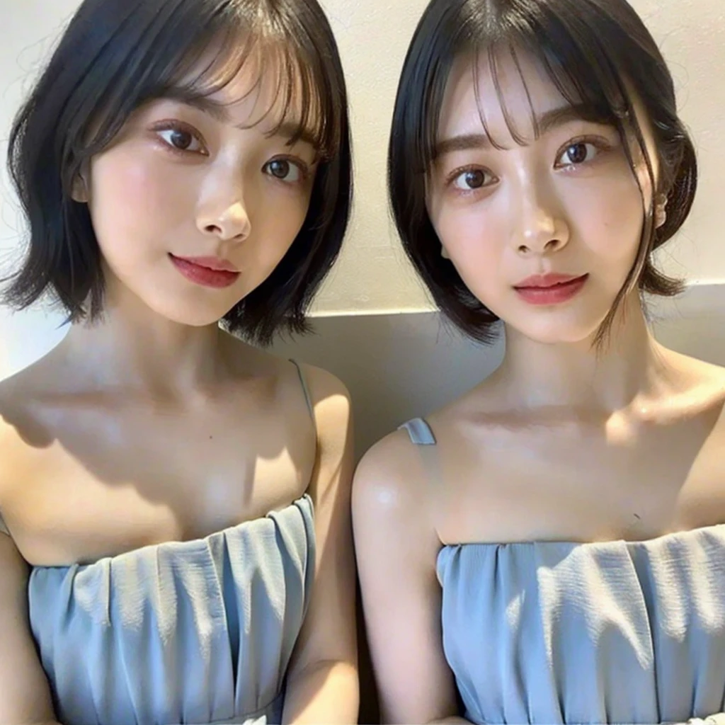 ((Highest quality, 8K, masterpiece:1.3)), concentrated:1.2, Beautiful woman with perfect figure:1.4, Stick your butt out:1.2, ((Cut your hair in layers:1.2)), (Medium sized breasts),(Bandeau dress:1.5), Highly detailed face and skin texture, Detailed eyes, double eyelid,Whitening the skin,Long white hair,(Keep your mouth shut:1.3),smile, portrait photos,
(((cloned face)))
(((similar identical twins)))
All the girls have the exact same face, The two have the same face and figure, as if they were mirror images