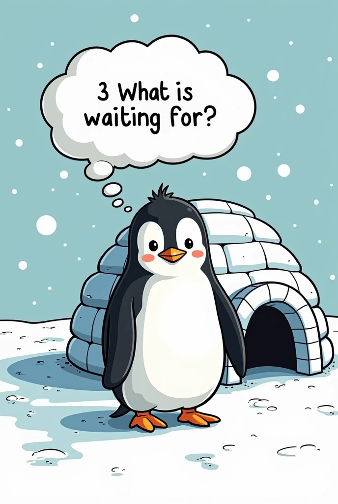 Un pingouin à côté d'un igloo. Au dessus de sa tête une bulle de pensée où il est écrit : au fait qu'est ce que j'attend? En bande dessinée, pingouin vu de face