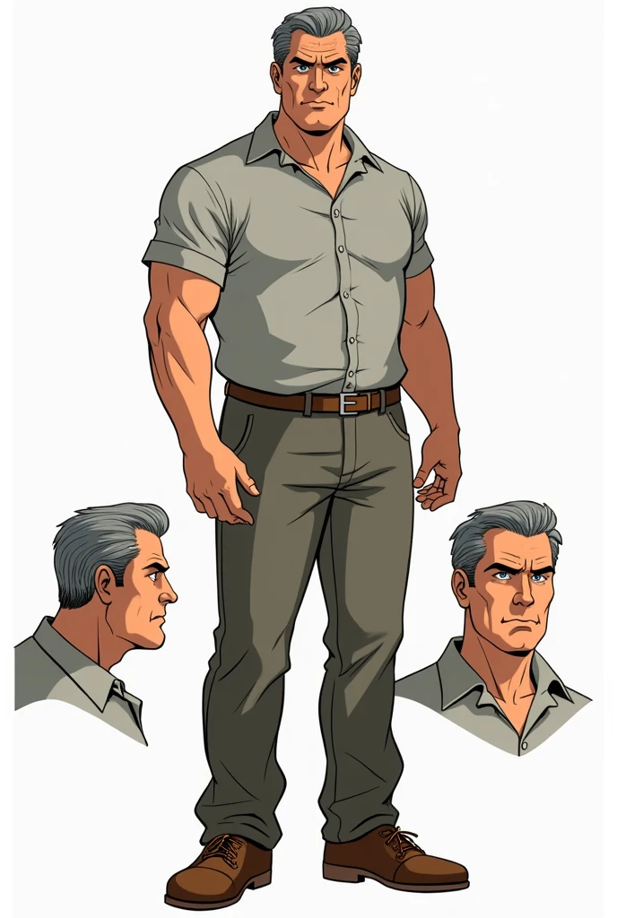 Character of a tired adult man named John Smith. He has fair skin with a few freckles, short gray hair slicked back with hints of brown, and intense blue eyes with a watchful expression. His build is stocky and muscular. The style should mix 1980s comic book art with 1980s anime, Different angles, character sheet, white background --3:2 aspect ratio, different poses