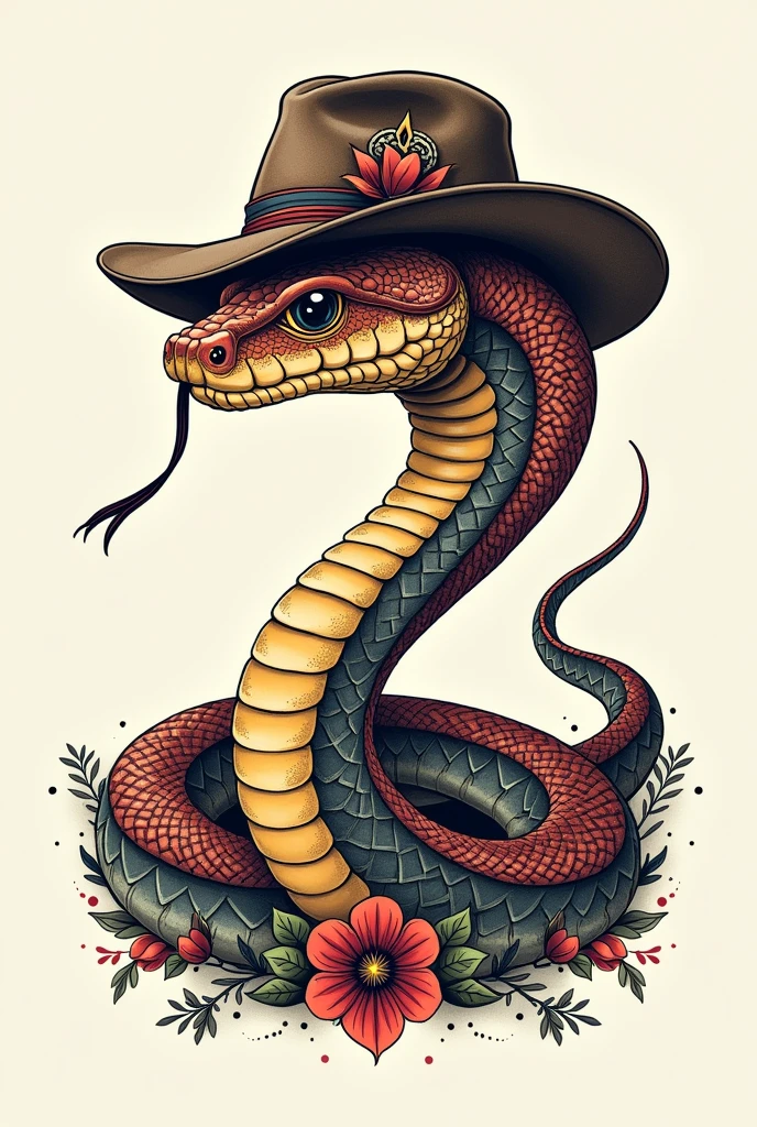 Snake with hat drawing, tatoo, old school, neotradicional, bold line, fine line, detailded, new school , fullcolor, menos detalhes, desenho de tatoo, simple scales, most realistic, different perspective 