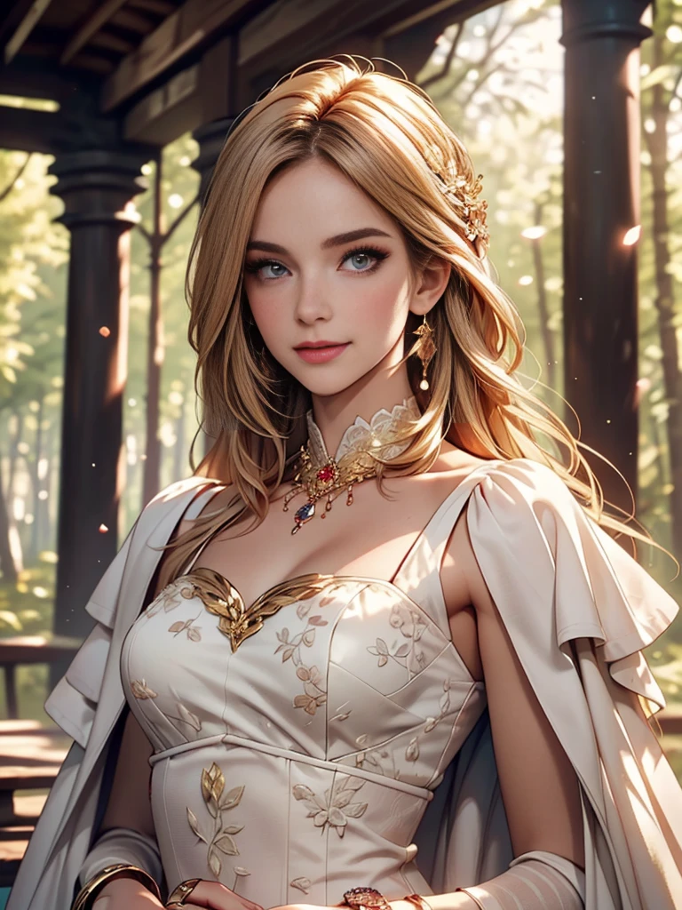 Beautiful girl with long white hair, Fair skin, and red eyes, In a forest with movie-like lighting, dark and little light. She is wearing a golden white dress, Her eyes were focused, Looking at the audience. Her skin is white, Her face was delicate and perfect., masterpiece, top quality works of art. This image is an incredibly detailed 8K CG wallpaper., Cinematic tones with artistic cinema lighting and neutral filters.masterpiece, High resolution, anatomically correct, best quality, Multiple awards, textured skin, uhd, detailed face, detailled eyes, pink shiny lipgloss, Crystal rings, long eyelashes smile,