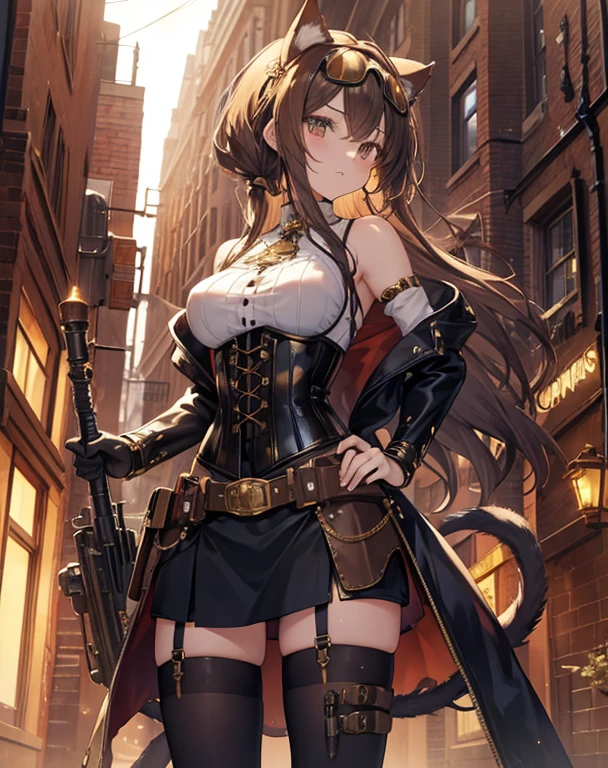 masterpiece, Attractive anime girl with cat ears and a tail, She wears an elaborate steampunk-inspired outfit with leather and gear details., Standing in a bustling fantasy steampunk town. She has aviator goggles on her head, A loose corset with an intricate design, Exposing shoulders, Carrying mechanical weapons. Brick buildings line the street in the background, Metal Pipe, airship, and complex machinery. The atmosphere is a mix of warm sepia tones and the glow of gas lamps., There&#39;s a slight mist in the air. Her lively eyes and confident smile are captivating to behold.. This scene exudes a fusion of technology and magic., Create a unique and fascinating steampunk fantasy world