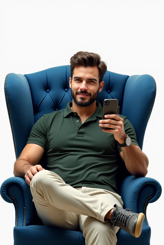Handsome man, in dark green shirt and cream cargo pants, sitting on a royal crown wingback sofa, in relaxing pose, mobile in one hand, showing mobile screen to viewer, with white background