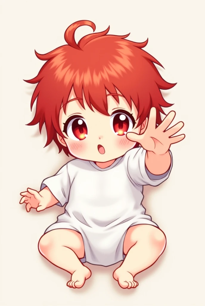 Red hair, shaggy, red eyes, anime, baby, raising his hand to you, lying on his back, simple white outfit,  