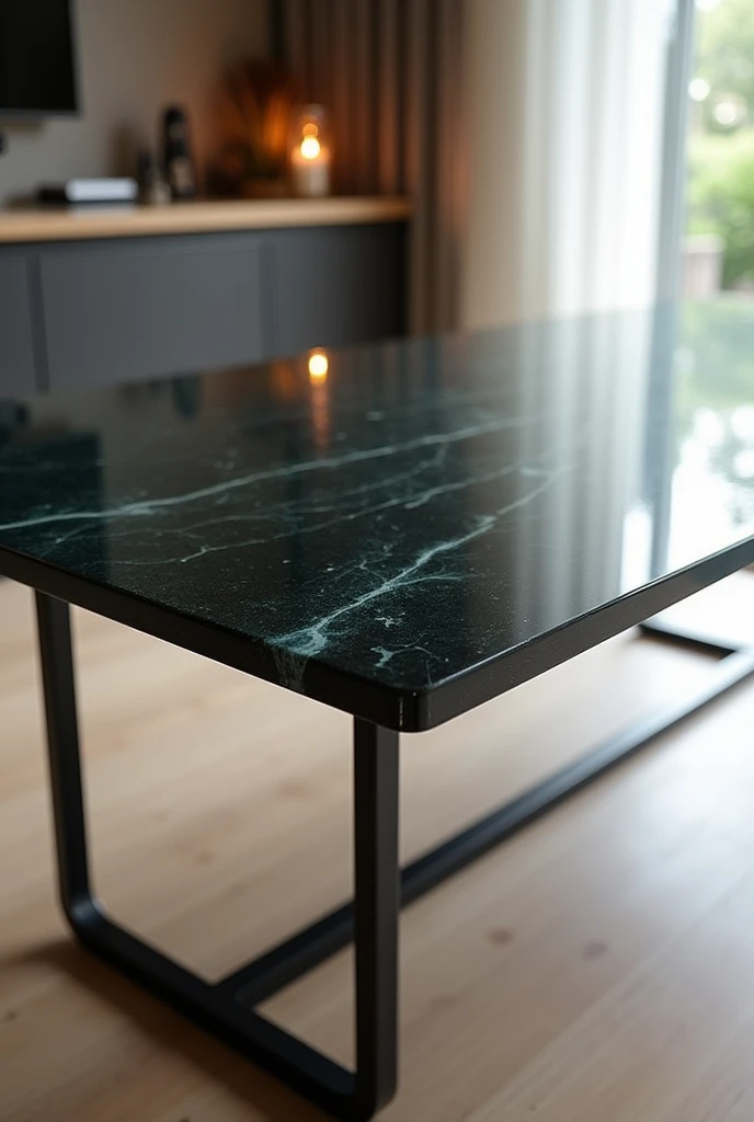 A table with dark smoked glass on top.