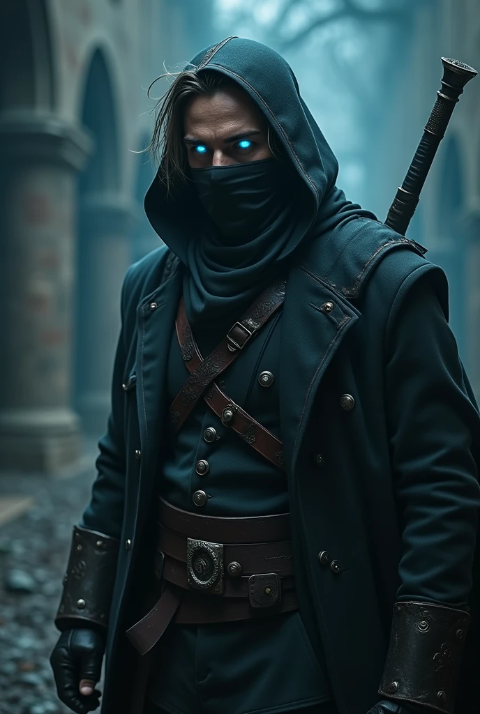Create a male warrior who looks calm but is a psychopath, with Nordic clothes, Carrying a rapier and a broadsword on his back, that has the magic to control souls and they look blue, who has a black iron mask and wears the hood of his suit