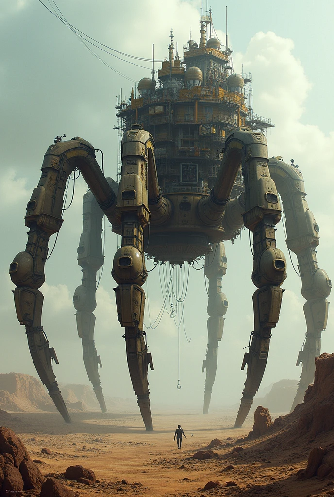 A small town built on a mechanical spider in the style of the Mortal Engines movie 