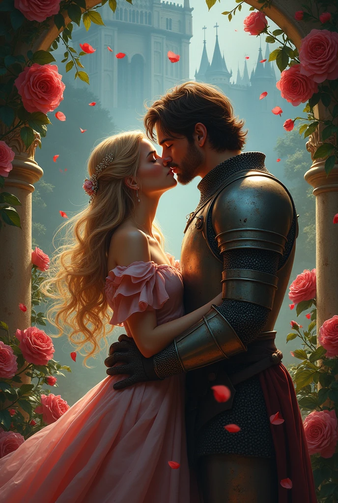 A beautifull princess with a bolnde hair and a handsome knigt with brown hair, behind the ptincesses castle with big trees with full of red and white roses kissing at the night as the knigt came from the war coverd all in blood forbidden kiss and make it unrealistic