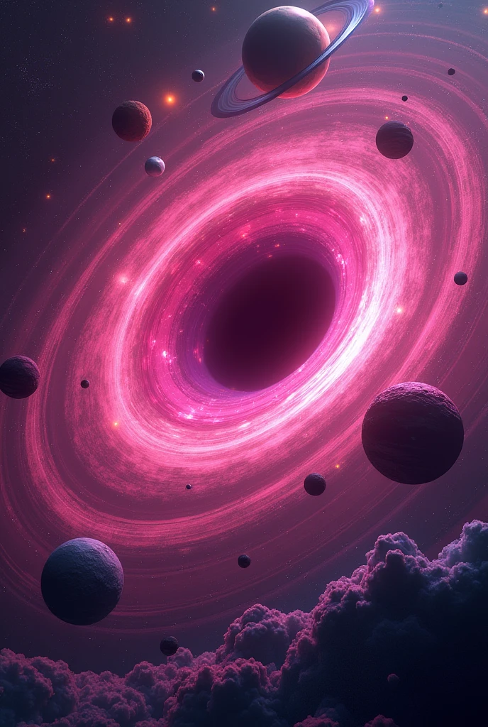 Pink black hole with planets orbiting it 