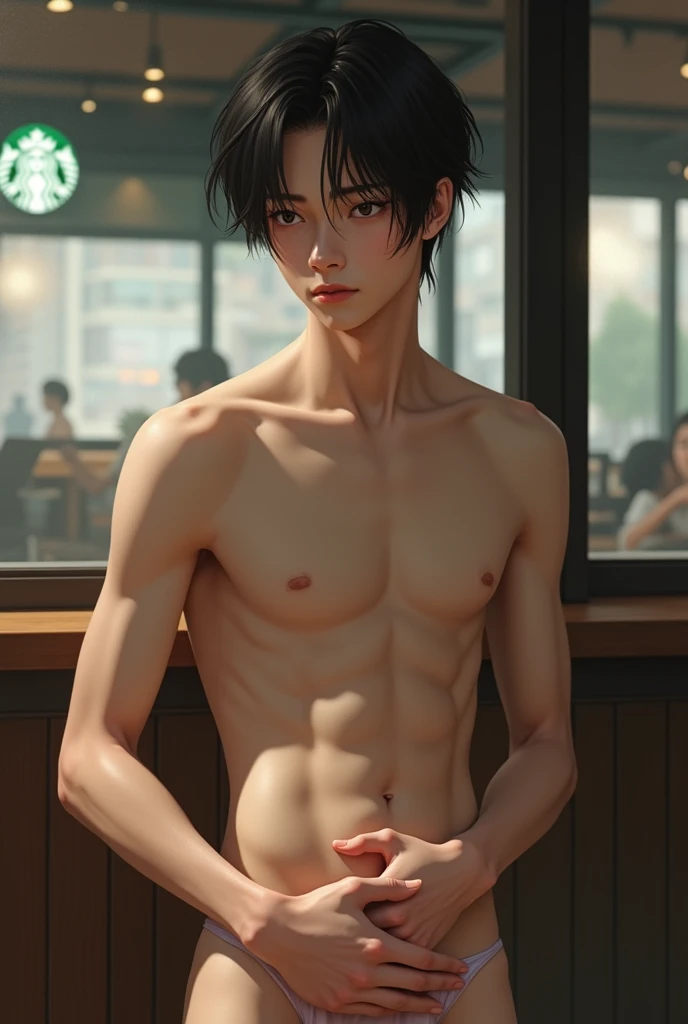 high quality, detailed, Realistic, (one 16 years old japanese boy), (detailed black eyes), (abs:1.5), (shiny skin), detailed nipples, black hair, (black tiny thong), (erected bulge), summer noon, (smile:0.7), laying, (licking nipple),