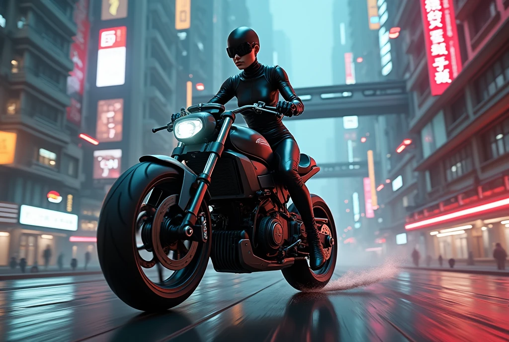 Spy girl wearing a skintight latex bodysuit armed with guns riding a powerful bike in a cyberpunk city,