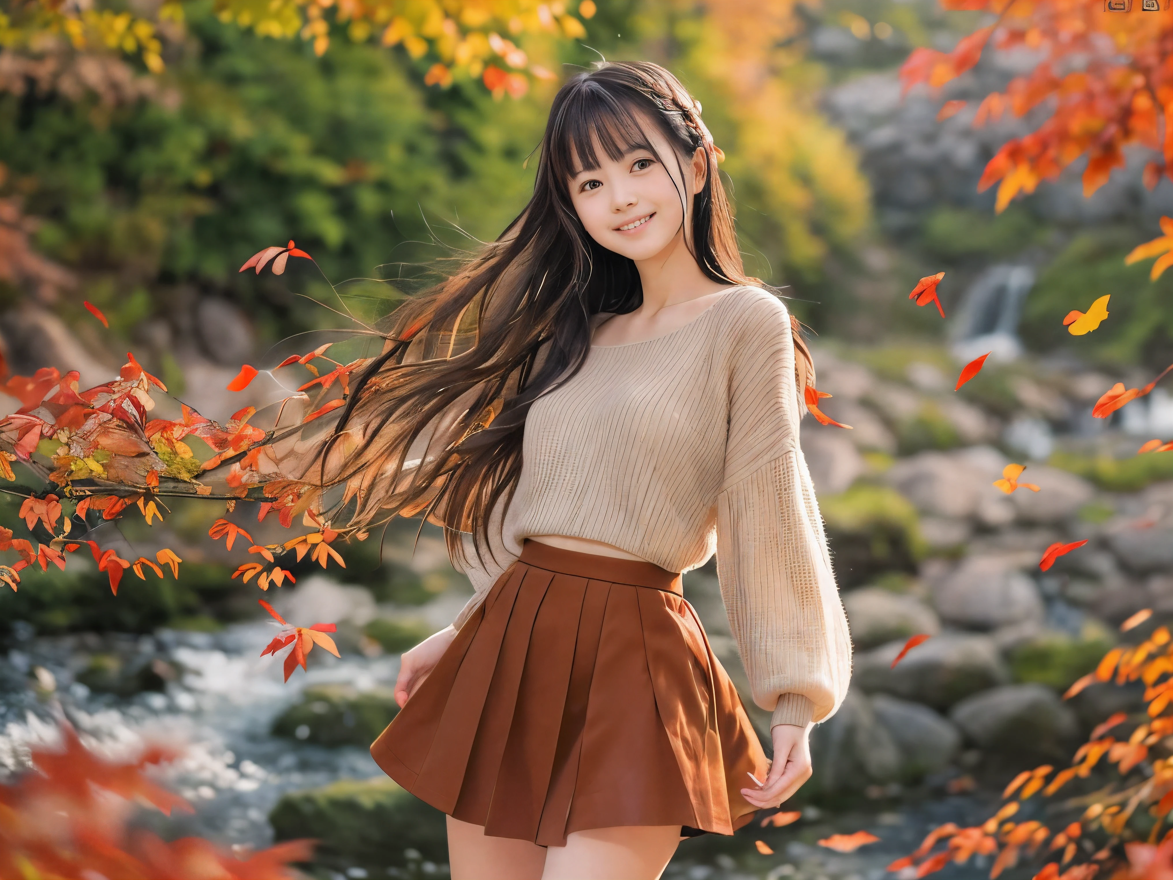 (Close up face shot of one slender small breasts half up brown long hair with bangs girl in a long sleeves shirt and sweater and skirt:1.5)、(One girl is dancing with happy smile on the dart road near the lake and big waterfall in Japan:1.5)、(Beautiful autumn red leaves landscpe:1.5)、(Natural light:1.5)、(8k ultra detailed master piece:1.5)、(perfect anatomy:1.5)、(Photorealistic stick:1.5)、(Raw photo:1.3)、(highest quality:1.5)、(High resolution:1.3)、(Delicate and beautiful perfect face:1.3)、(Delicate and beautiful eye air skin:1.3)、(Real Human Skin:1.3)、((thin legs))