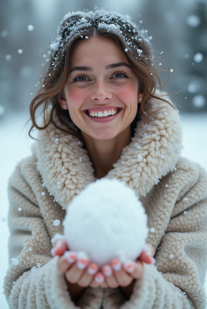 A beautiful woman gets excited when a snowball hits her chest during a snowball fight、Photo quality、Precision image quality、Ultra-realistic image quality