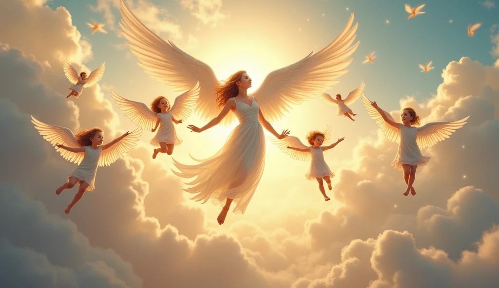 create a flight of angels, illuminated sky, an adult angel in the center
