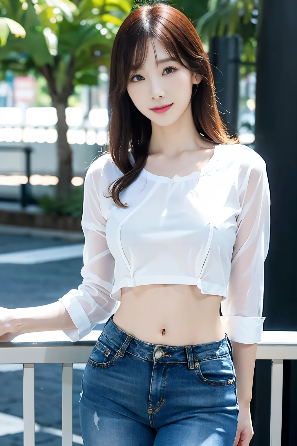 Asian woman in white shirt and blue jeans, hyperRealistic , Otaku, V-shaped clothing with an open neckline, Korean Girls, a hyperRealistic , Wear a shirt, Smooth white tight clothing suit, Realistic , Gorgeous Young Korean Woman, sakimichan, Trending on cgstation, poses, Interesting outfits, (exposed lower abdomen), smiling