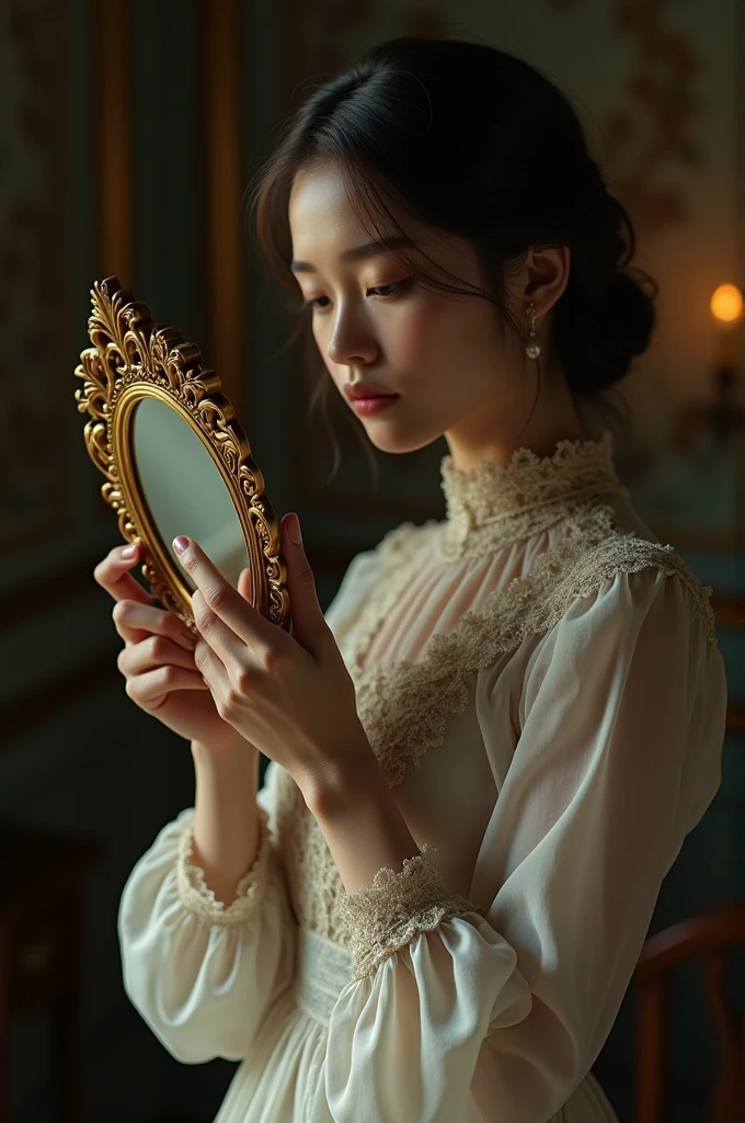 Create a realistic image of a woman holding an antique mirror in her hands
