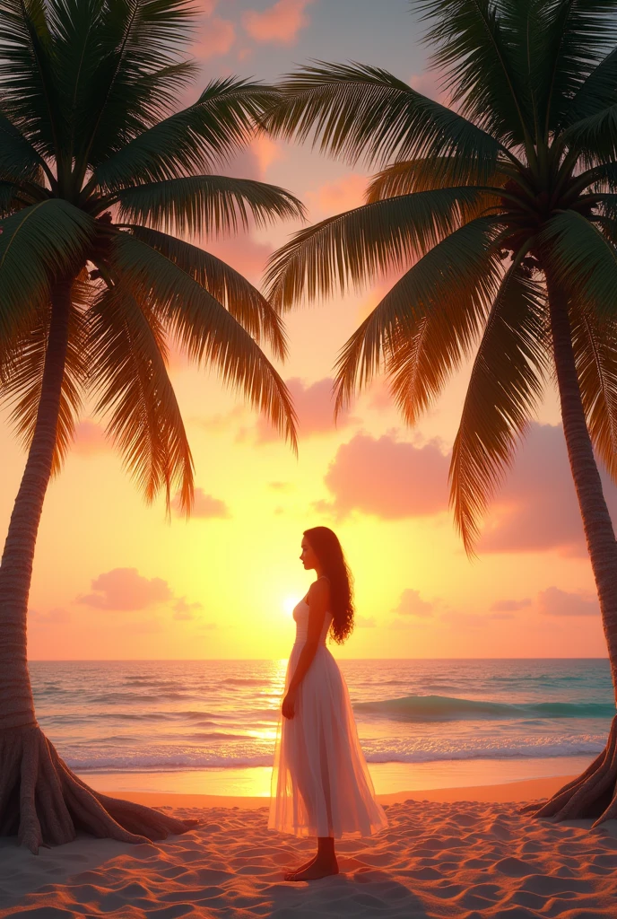 Beach with lots of coconut trees and a beautiful sunset with a beautiful woman on the beach
