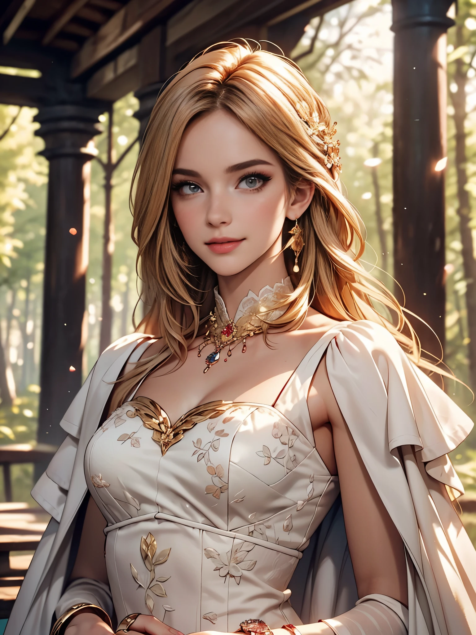 Beautiful girl with long white hair, Fair skin, and red eyes, In a forest with movie-like lighting, dark and little light. She is wearing a golden white dress, Her eyes were focused, Looking at the audience. Her skin is white, Her face was delicate and perfect., masterpiece, top quality works of art. This image is an incredibly detailed 8K CG wallpaper., Cinematic tones with artistic cinema lighting and neutral filters.masterpiece, High resolution, anatomically correct, best quality, Multiple awards, textured skin, uhd, detailed face, detailled eyes, pink shiny lipgloss, Crystal rings, long eyelashes smile,
