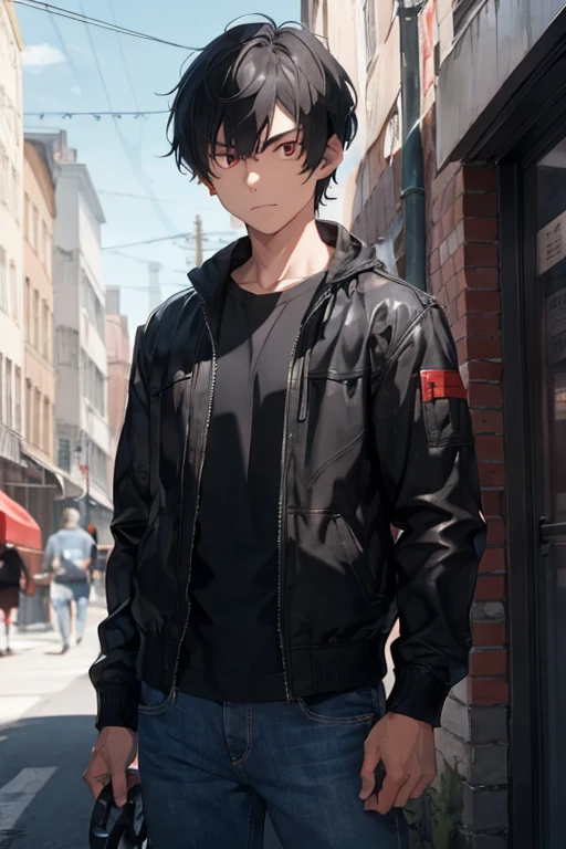 1 male, age boy, black jacket, blue jean, black short hair, red eyes, handsome face, man body, serious face, bike, store