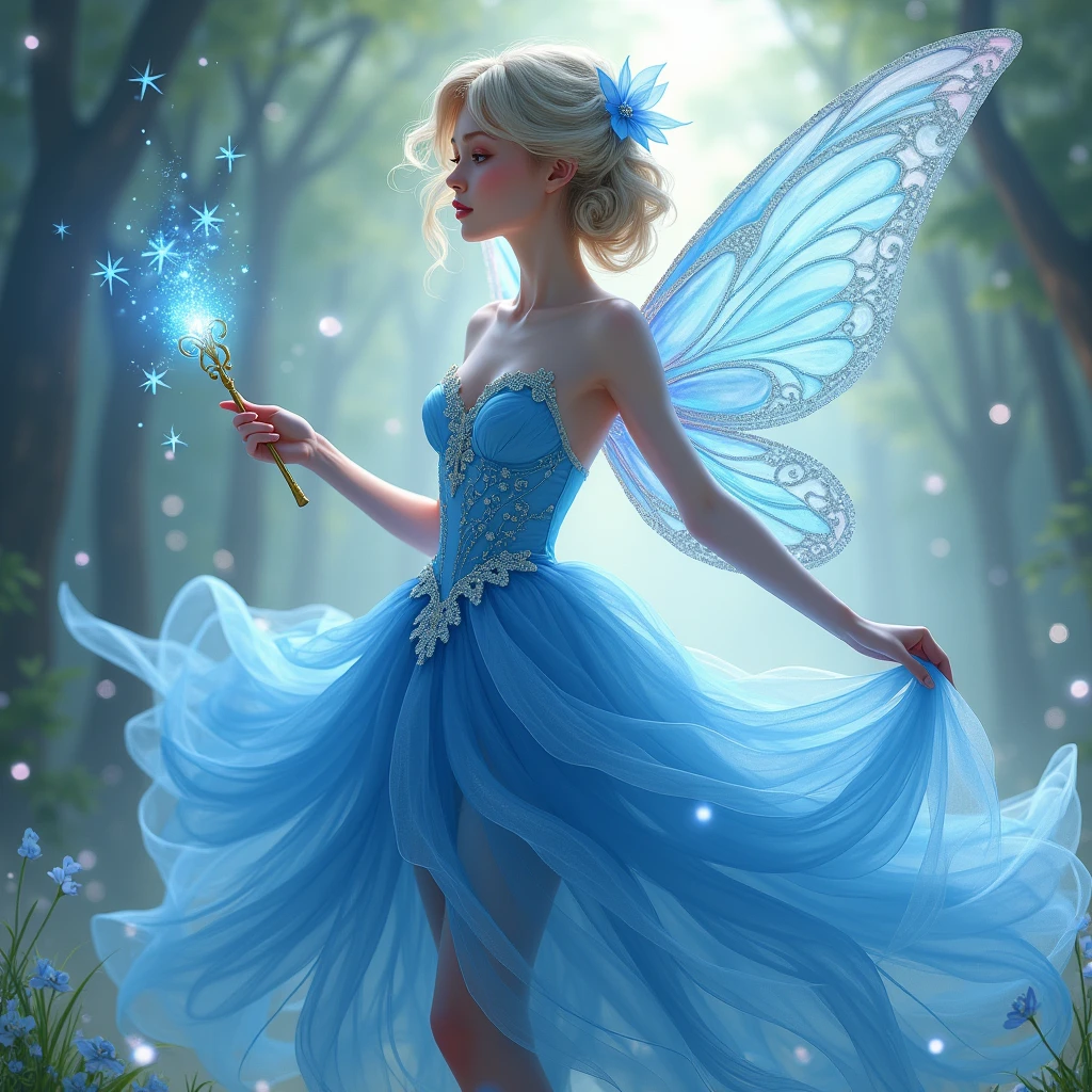 fairy with prom blue dress, armed skirt, magic wand, delicated holographic wings