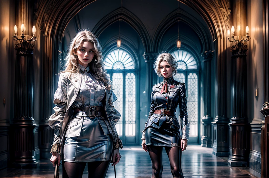 masterpiece,best quality, masterpiece, high detail,detailed face,detailed eyes,rendered eyes,perfect eyes,hip lines,crisp image,detailed,amazing,8k,8k wallpaper,8k background,high detailed skin,high res, (((cowboy shot))), solo, 1girl,looking at viewer,WillowSchnee, . Her attire consists of a white cravat secured by a silver brooch set with a red stone, as well as a light indigo jacket with light sleeves, a wide belt around her waist, a matching pencil skirt with black tights and slippers. serious expression, (standing with military officer), outside stately mansion, sunny afternoon, sculpture at center of hedge maze, holding wine glass, servants and security detail standing by, (volumetric lighting), sharp focus, hyper detailed 