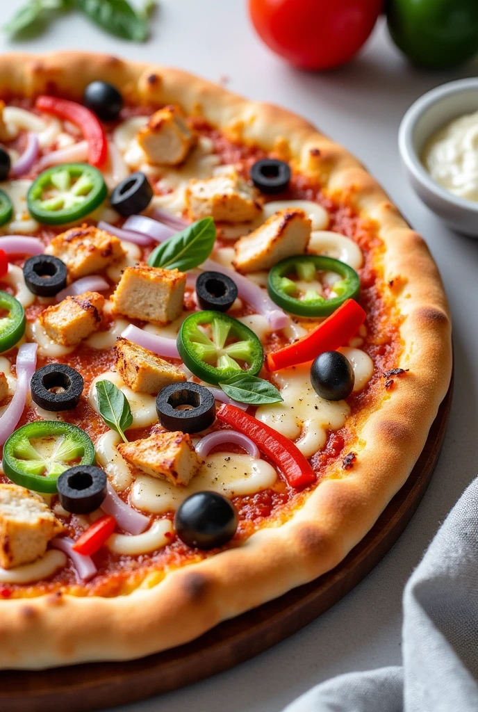 I want pizza with mozzarella cheese onion red paper jalpino olives cuted into rings and smal pieces chicken toping
