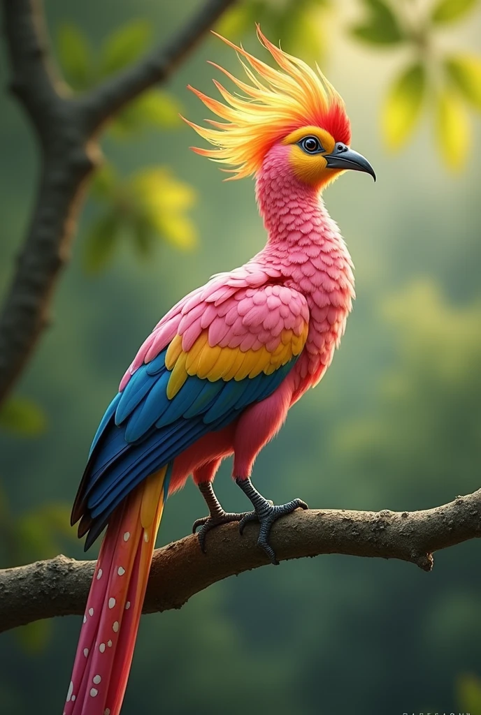 A majestic bird with pink feathers, a vibrant yellow and orange crest, and a long tail adorned with colorful spots, perched on a branch with a blurred green forest background.