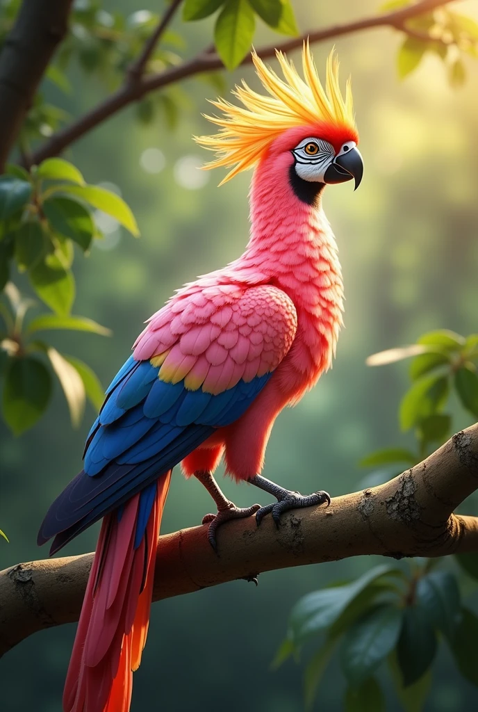 A majestic bird with pink feathers, a vibrant yellow and orange crest, and a long tail adorned with colorful spots, perched on a branch with a blurred green forest background.