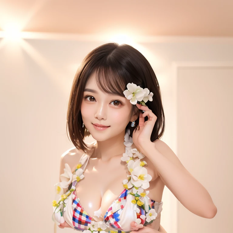 (high resolution:1.5), (masterpiece:1.5), very detailed, best quality, 8k, ((1 girl)), (Cute Japanese woman), cute 2 beauty, (medium breasts:1.5), detailed face, Beautiful and elegant face, cute face, (Round face:1.4), thin lips, natural bangs, arched eyebrows, well-groomed eyebrows, (big eyes with a good balance between the left and right sides), cute eyes, beautiful eyes, beautiful thin nose, beautiful face line, (beautiful skin), medium Hair, Brunette hair, black hair, (natural bangs:1.5), (looking at the camera with a Gentle smile), smooth skin, fair skin, (Beautiful breasts), ((Beautiful cleavage)), smile, (Beautiful clavicle:1.5),Gentle smile, (Round face:1.4), White Wallpaper, ((sexy micro bikini)),