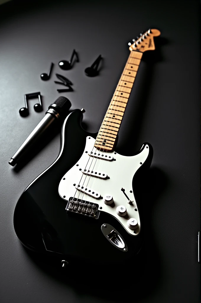 black and white electric guitar with a microphone lying on the floor around loose black musical notes, dark colors
