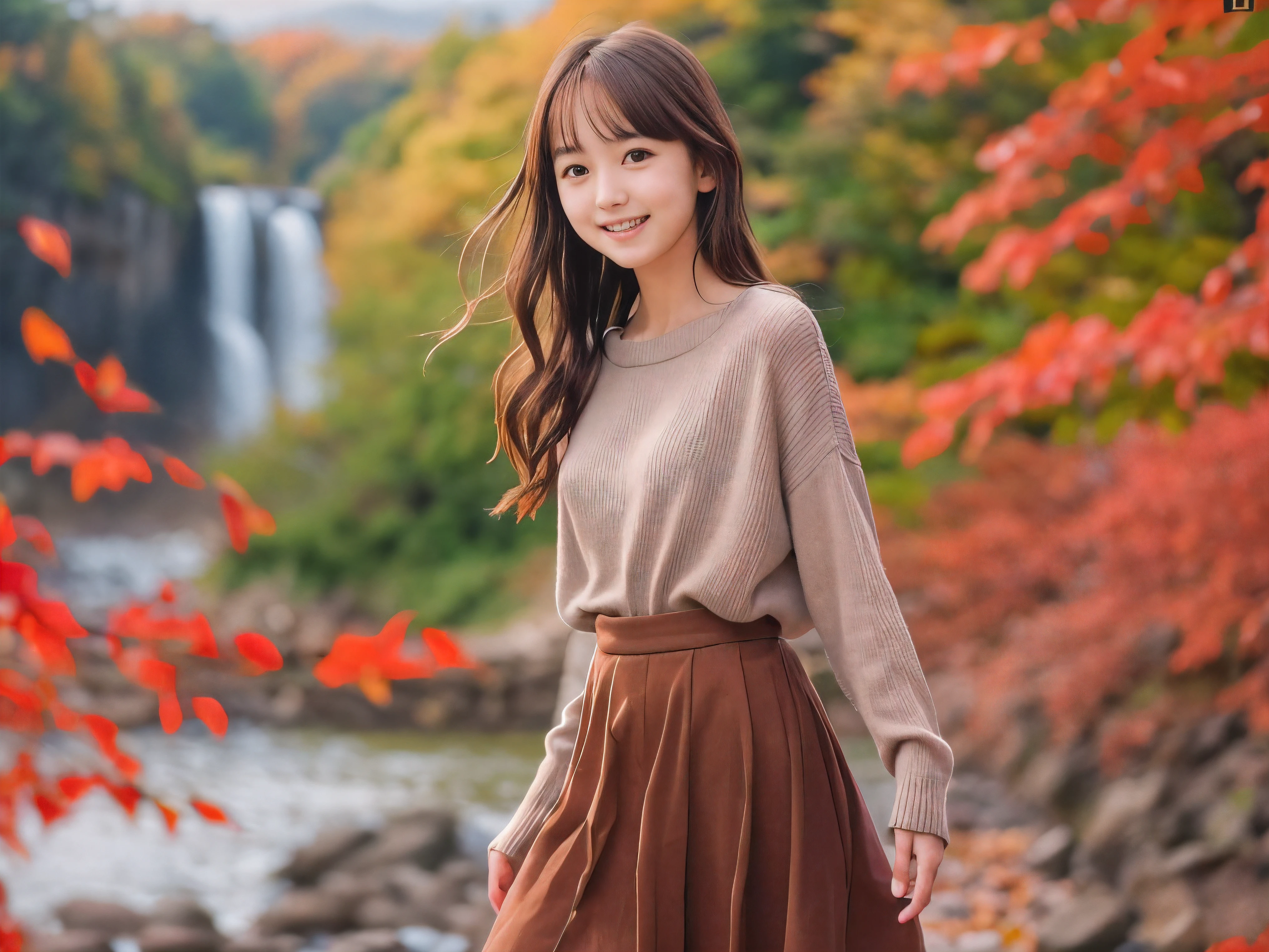 (Close up face shot of one slender small breasts red brown wavy long hair with dull bangs girl in a long sleeves shirt and sweater and skirt:1.5)、(One girl is dancing with happy smile on the dart road near the lake and big waterfall in Japan:1.5)、(Beautiful autumn red leaves landscpe:1.5)、(Natural light:1.5)、(8k ultra detailed master piece:1.5)、(perfect anatomy:1.5)、(Photorealistic stick:1.5)、(Raw photo:1.3)、(highest quality:1.5)、(High resolution:1.3)、(Delicate and beautiful perfect face:1.3)、(Delicate and beautiful eye air skin:1.3)、(Real Human Skin:1.3)、((thin legs))