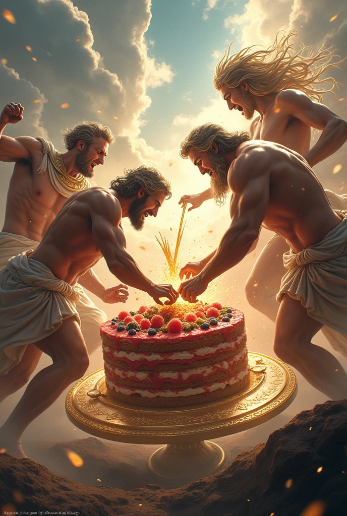 Image of all the gods of Greek mythology fighting over a dessert 

