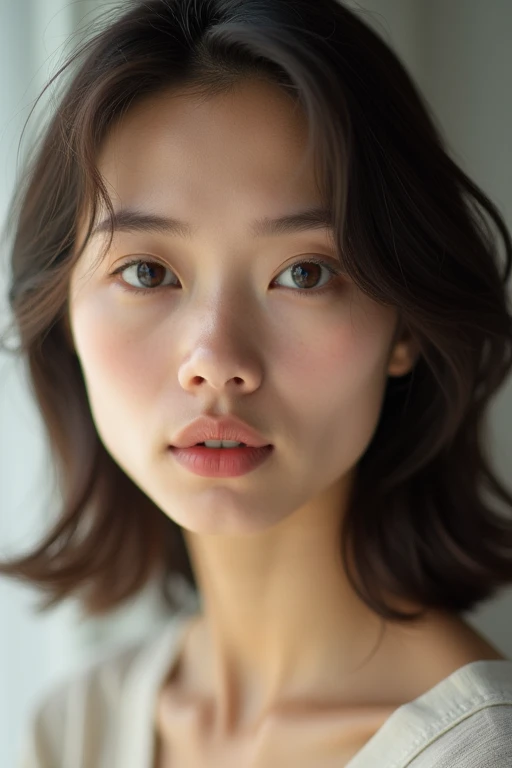 30Old woman Front face close-up Medium-long hair with slight waves round face Long neck