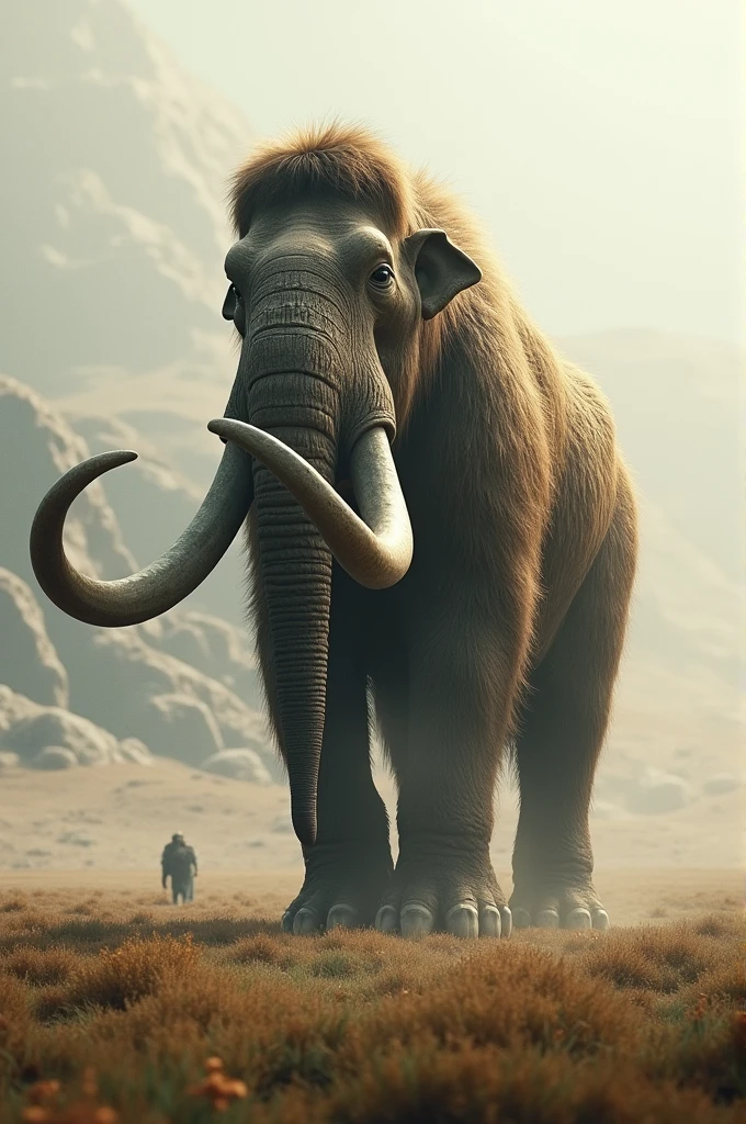 Make a realistic mammoth with the camera far away from it