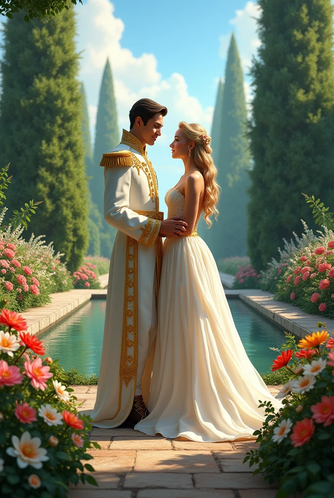 a queen in a white and gold dress next to her handsome prince in a garden