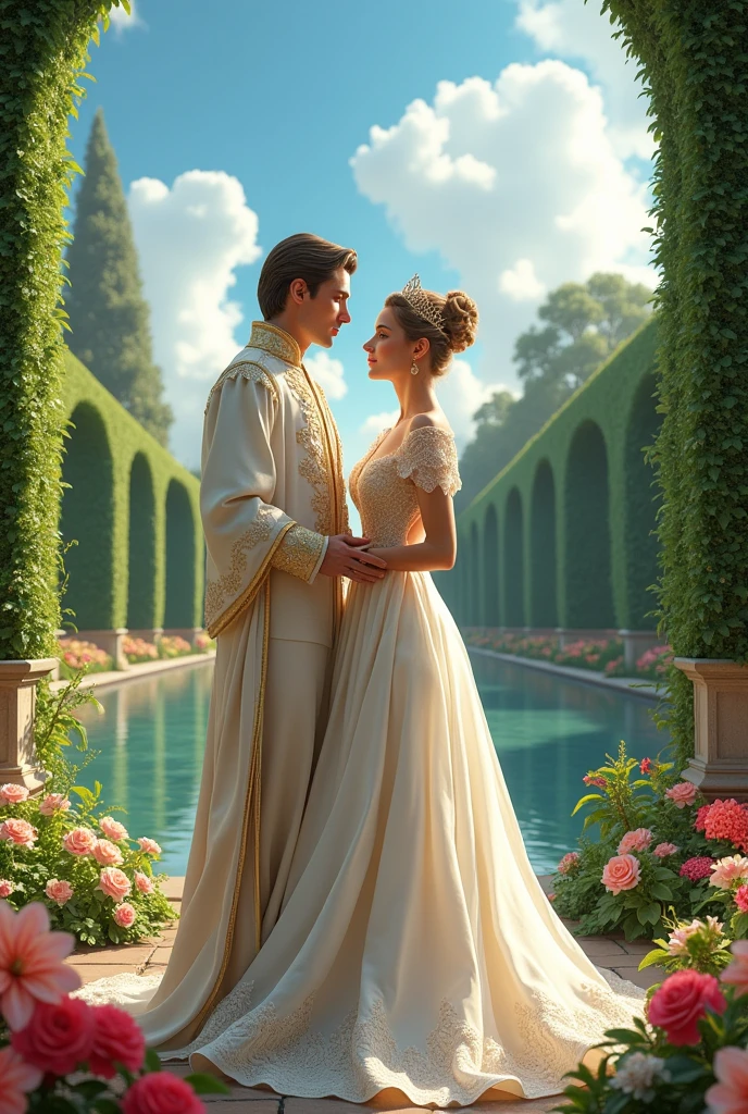 a queen in a white and gold dress next to her handsome prince in a garden