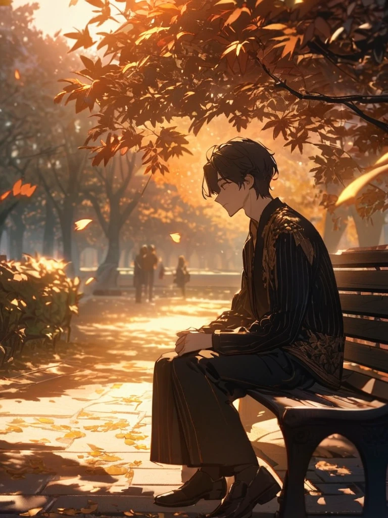 A young man sits alone on a park bench during the golden hour, gazing wistfully at couples around him. The warm light bathes the scene, highlighting the contrast between the joy of the couples and his quiet solitude. Leaves rustle gently in the breeze, adding to the bittersweet atmosphere of the moment. UHD, high quality, intricate details, 8K