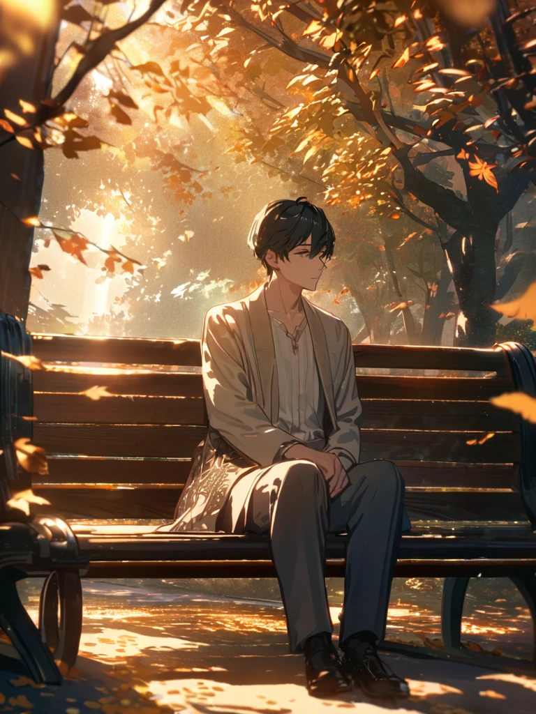 A young man sits alone on a park bench during the golden hour, gazing wistfully at couples around him. The warm light bathes the scene, highlighting the contrast between the joy of the couples and his quiet solitude. Leaves rustle gently in the breeze, adding to the bittersweet atmosphere of the moment. UHD, high quality, intricate details, 8K