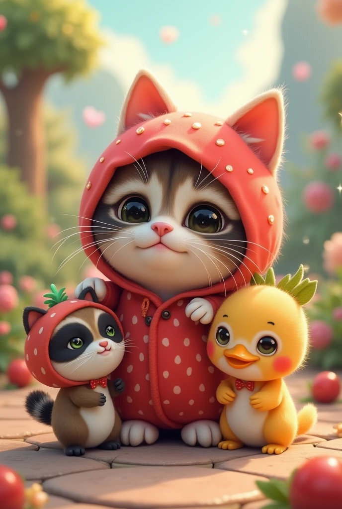 British Shorthair,Anime Touch,Baby Raccoon,Tanuki in a duck costume、Strawberry skin costume