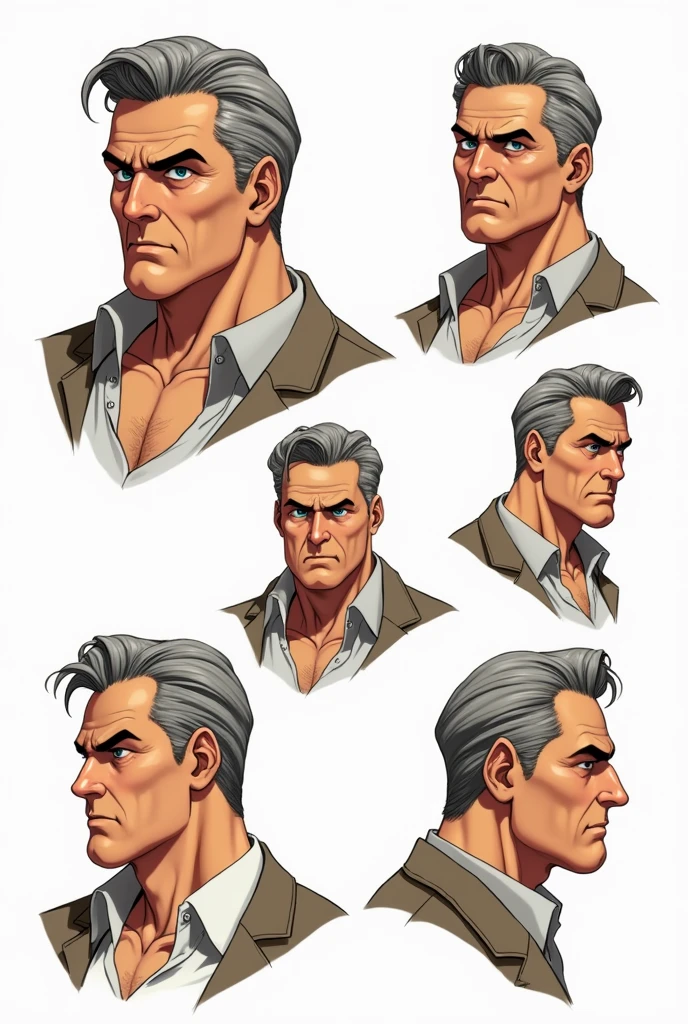 Character of a tired adult man named John Smith. He has fair skin with a few freckles, short gray hair slicked back with hints of brown, and intense blue eyes with a watchful expression. His build is stocky and muscular. The style should mix 1980s comic book art with 1980s anime, Different angles, character sheet, white background --3:2 aspect ratio, different poses