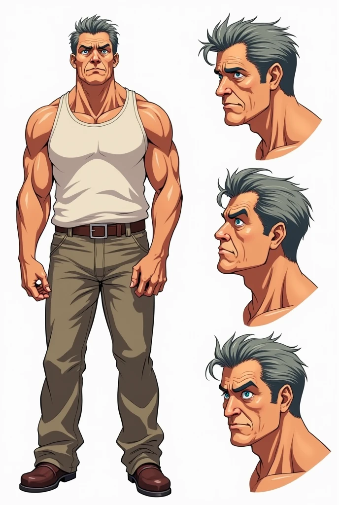 Character of a tired adult man named John Smith. He has fair skin with a few freckles, short gray hair slicked back with hints of brown, and intense blue eyes with a watchful expression. His build is stocky and muscular. The style should mix 1980s comic book art with 1980s anime, Different angles, character sheet, white background --3:2 aspect ratio, different poses