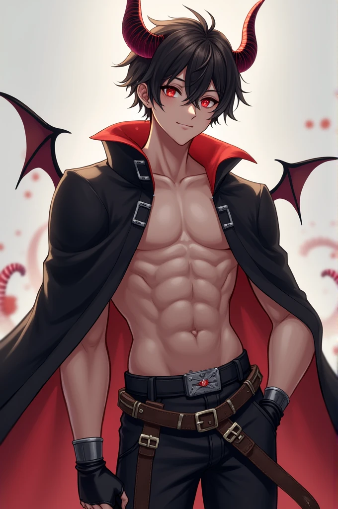 Create an image of a young male character with demonic characteristics. Ele tem pele clara, red eyes and short messy hair, dark brown in color. The character wears a set of black and red clothes, with a black cover that has a red interior. He also wears a belt with metallic details and black fingerless gloves.. No visual, include small bat wings and backward-curving horns on the head. He has a defined physique, with emphasis on the abdominal muscles. The character should have a confident expression and a slight smile on their face..