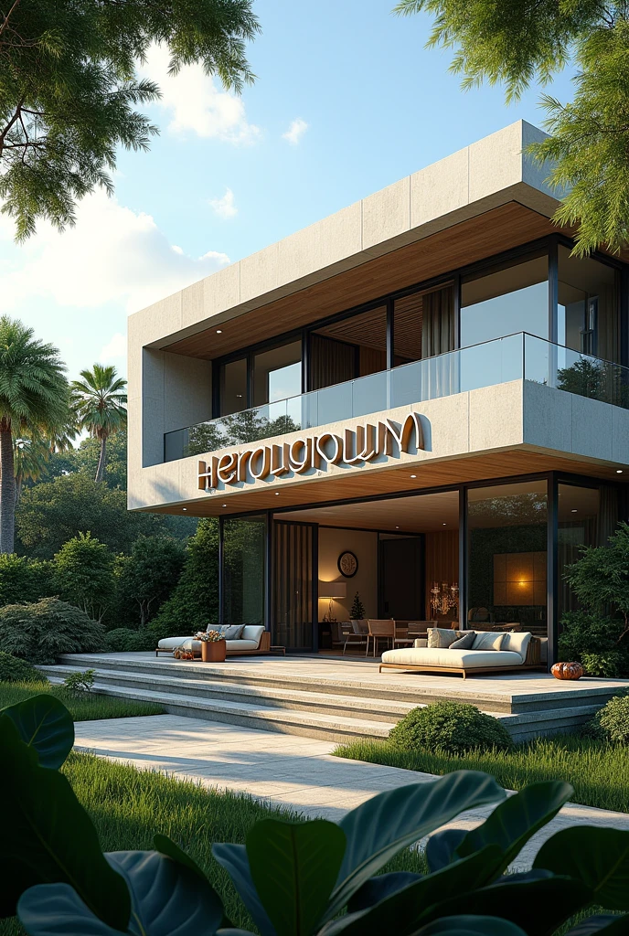 word "Herculaneum" written on top of a modern mansion In Portuguese