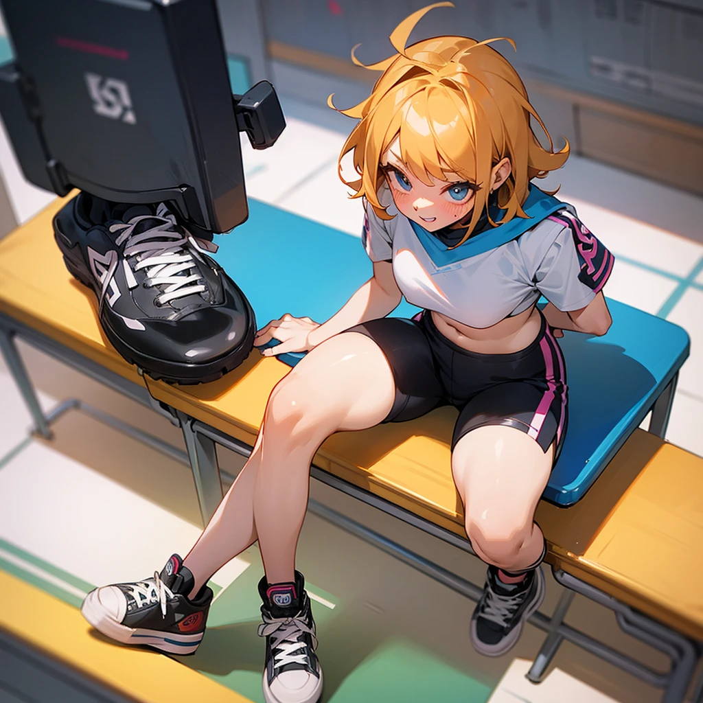 Three inch tall punk girl sitting in the middle of a college desk, excited, blushing, crop top, shorts, sneakers, curvy, from above