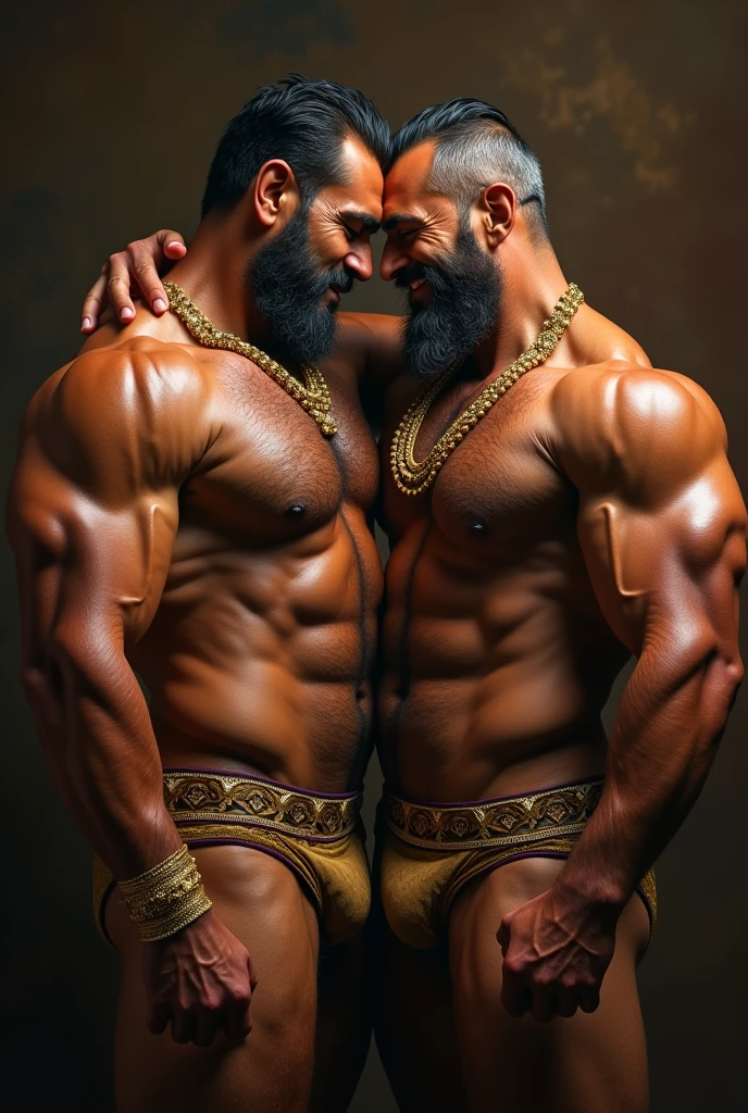 2 Older Hairy regal Indian men, kissing, huge muscles, gaint muscles, king, bulge in underwear, short hair, gold, sexy, gold jewelry, full body in view, oiled body, smiling, flexing biceps, extremely hairy, 